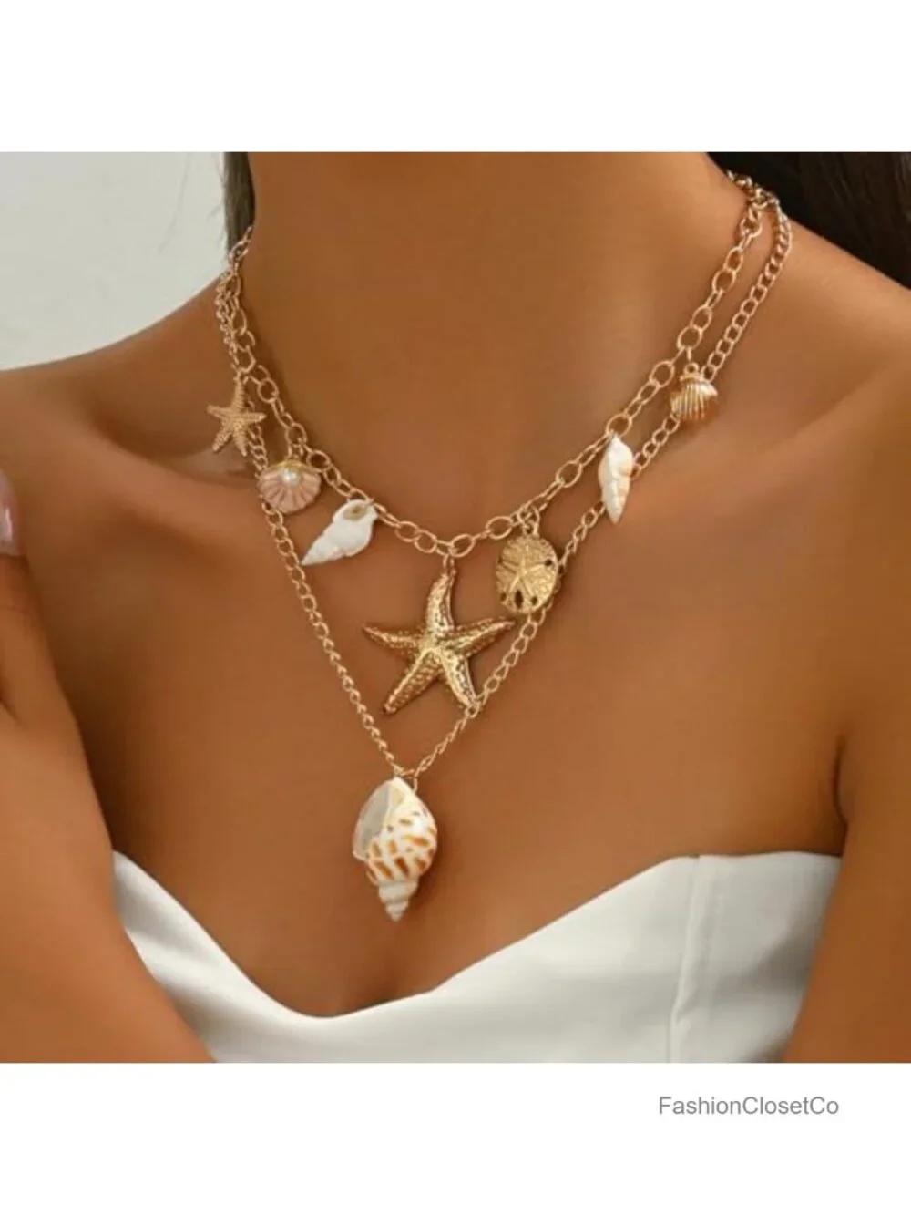 Layered Shell Starfish Necklace Women Boho Beach Choker Summer